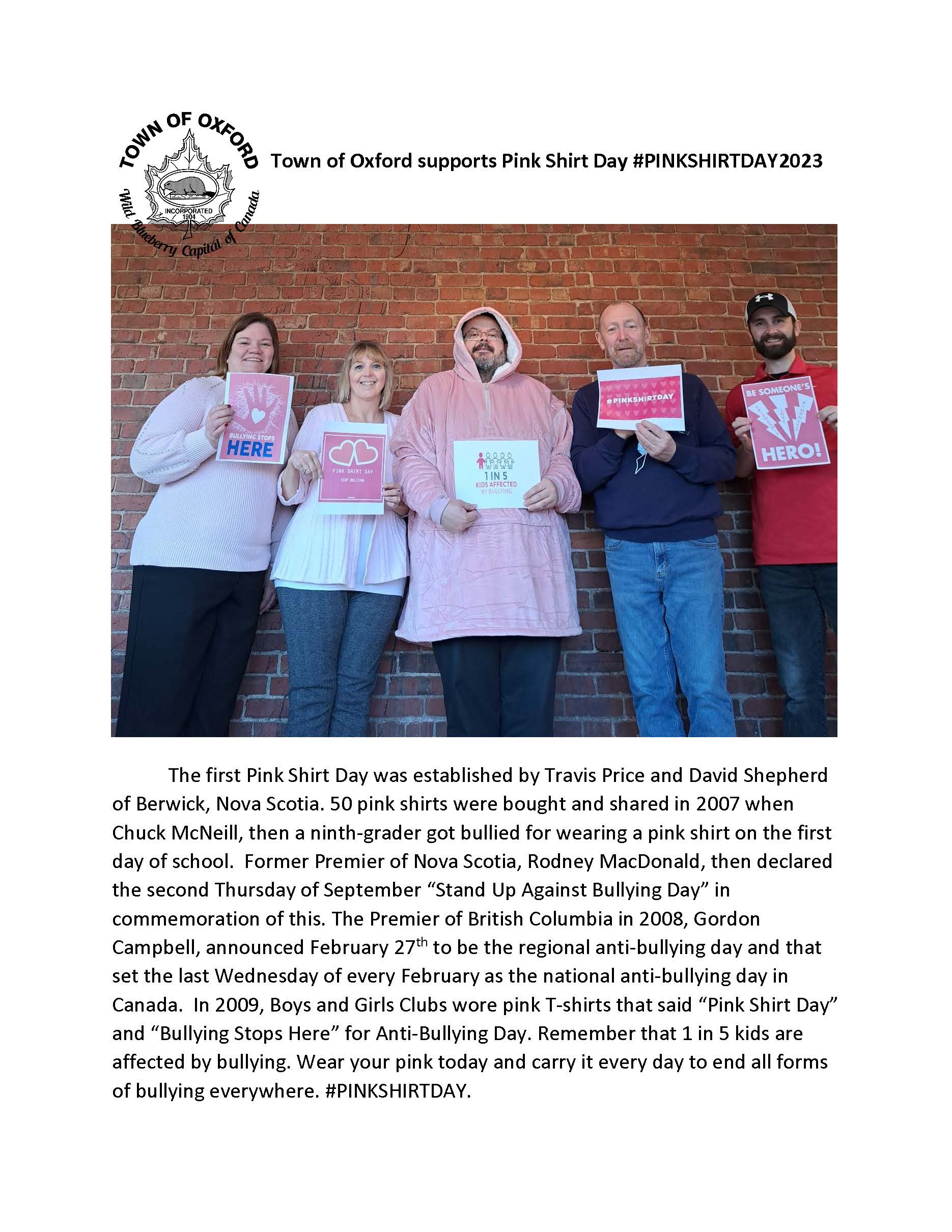 Town of Oxford supports Pink Shirt Day Page 1
